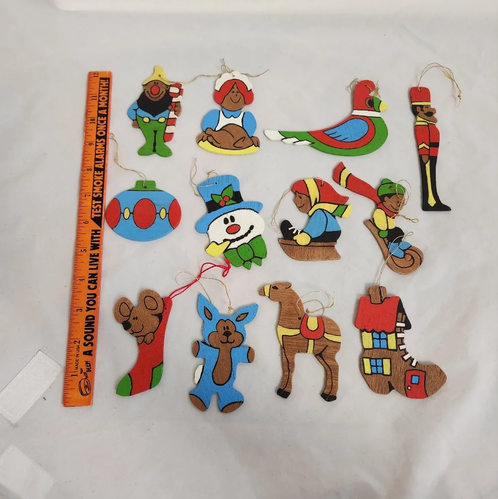 12 Flat Wooden Christmas Ornaments Vtg Snowman Bird Soldier Sled